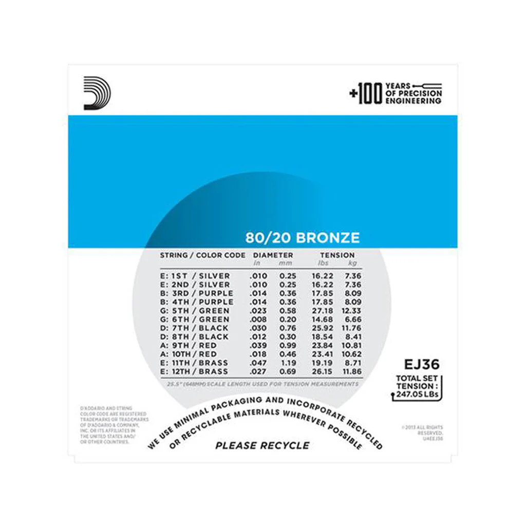 D'Addario EJ36 80/20 12-Strings Bronze Acoustic Guitar Strings, Light, 10-47 - Image 3