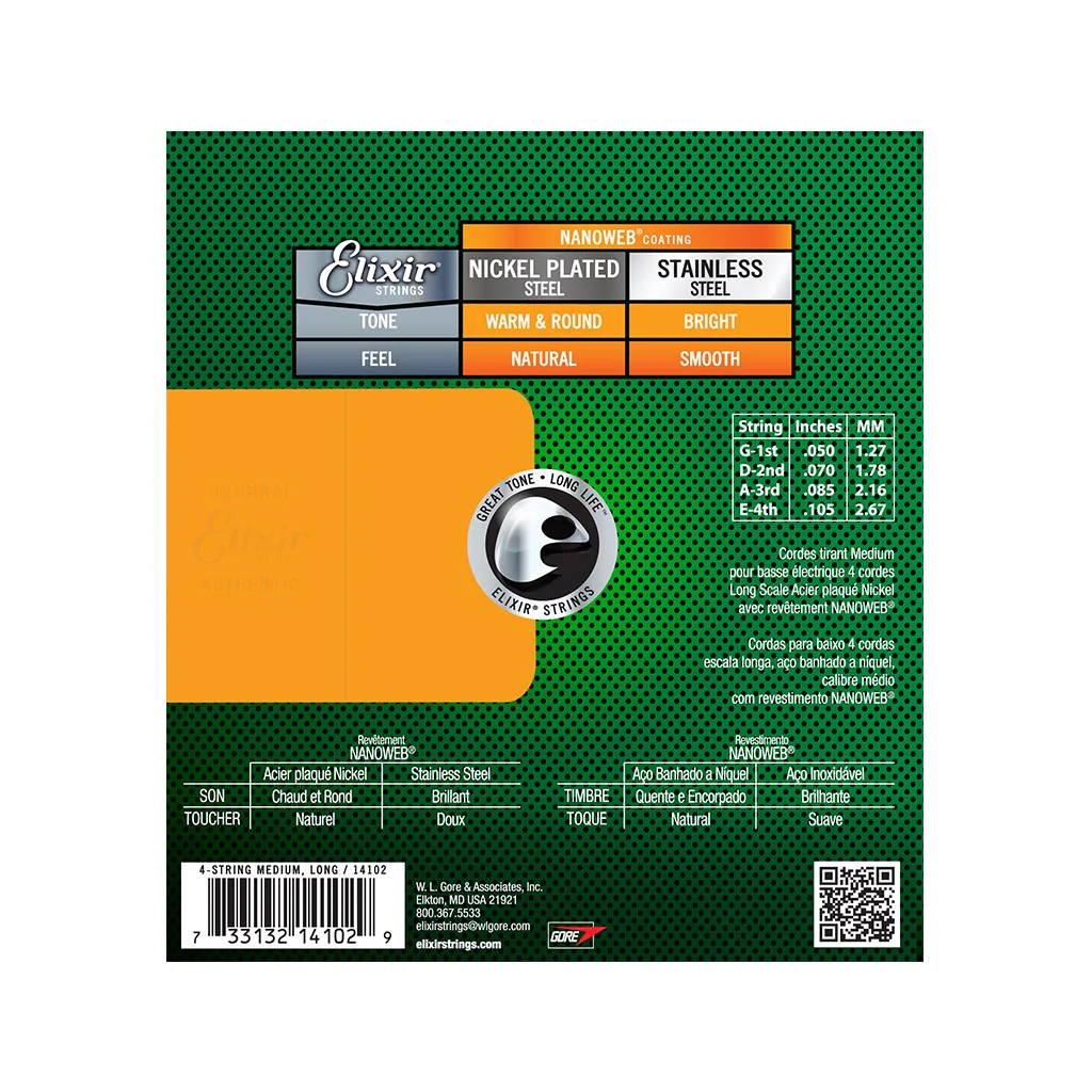 Elixir 14102 Nanoweb Nickel Plated Steel Electric Bass Strings, Long Scale, 4-String Medium, 50-105 - Image 2