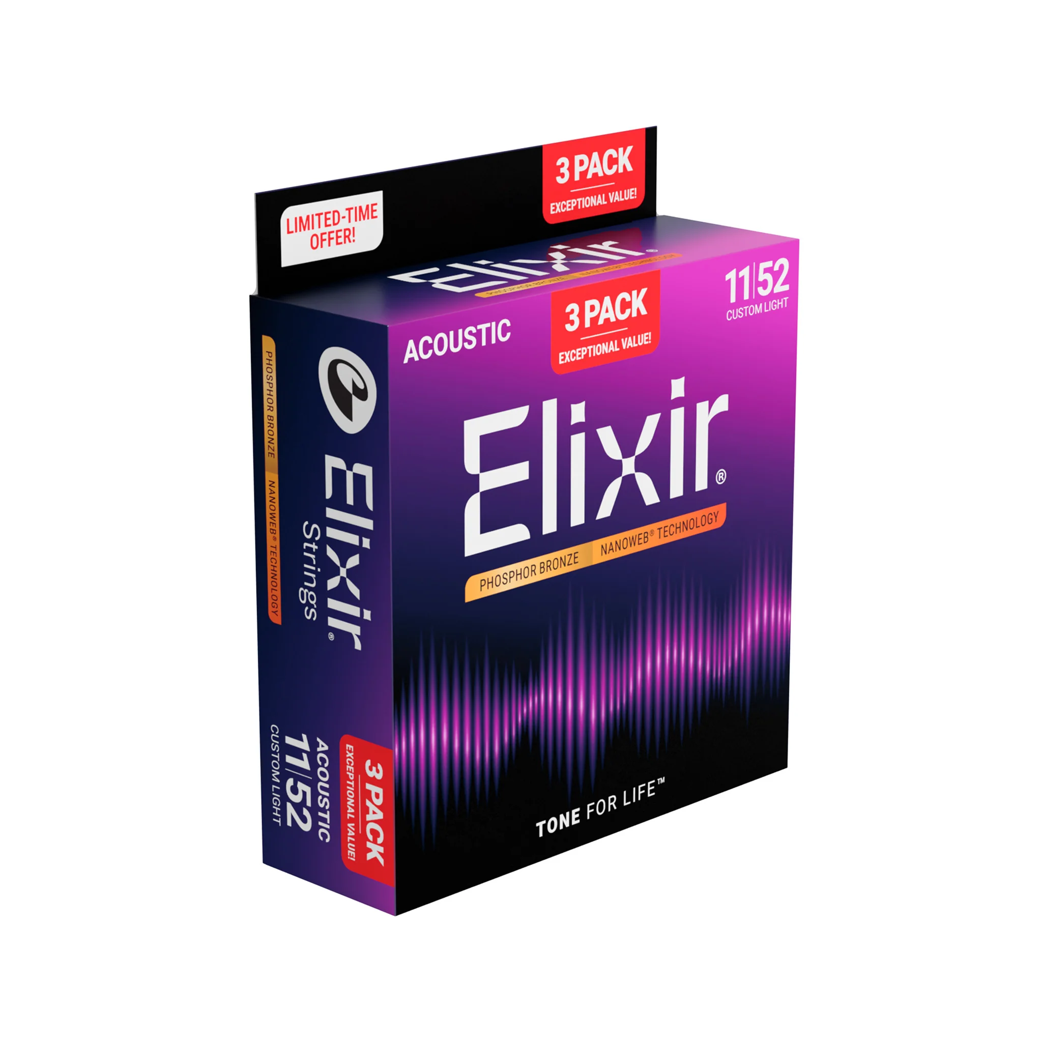 Elixir 16568 Nanoweb Phosphor Bronze Acoustic Guitar Strings, Custom Light, 11-52, 3-Pack - Image 2