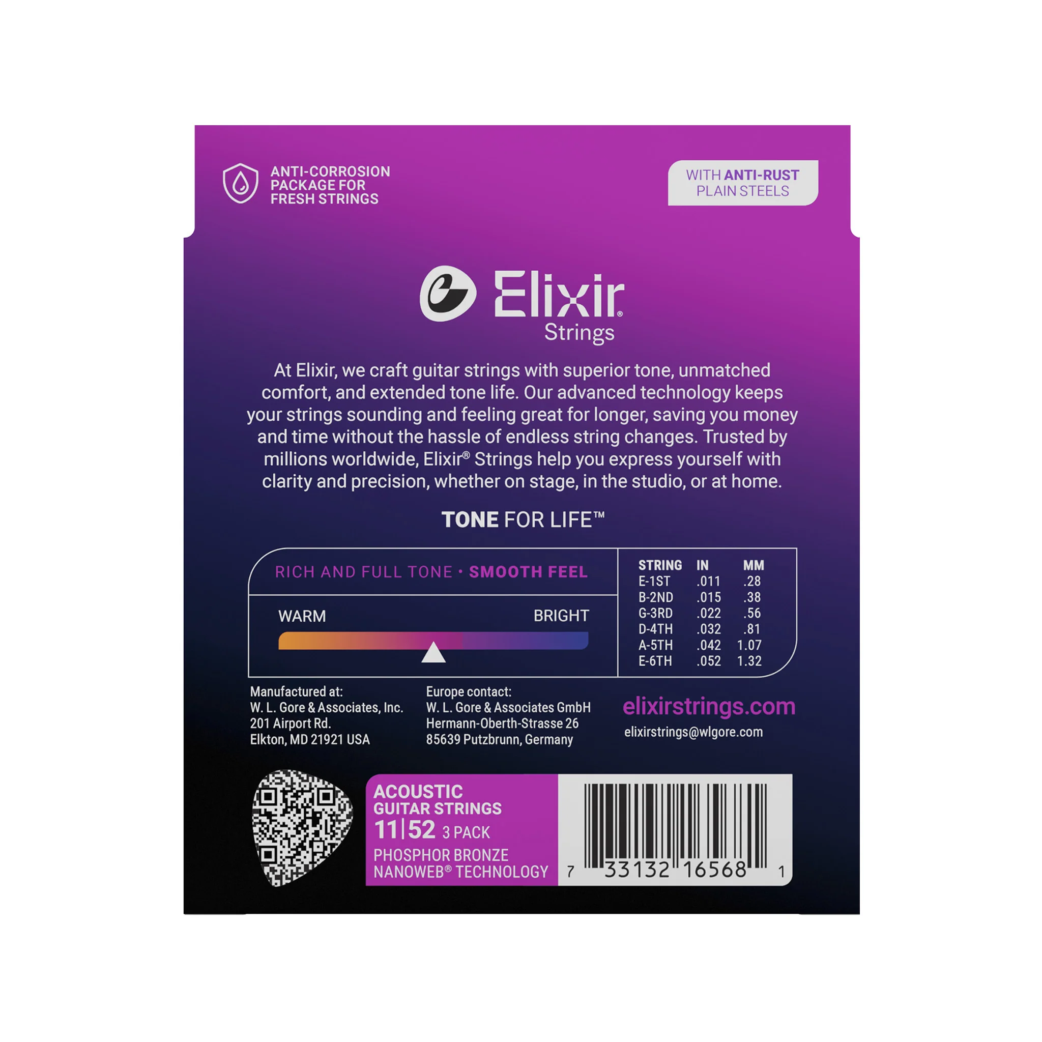 Elixir 16568 Nanoweb Phosphor Bronze Acoustic Guitar Strings, Custom Light, 11-52, 3-Pack - Image 3