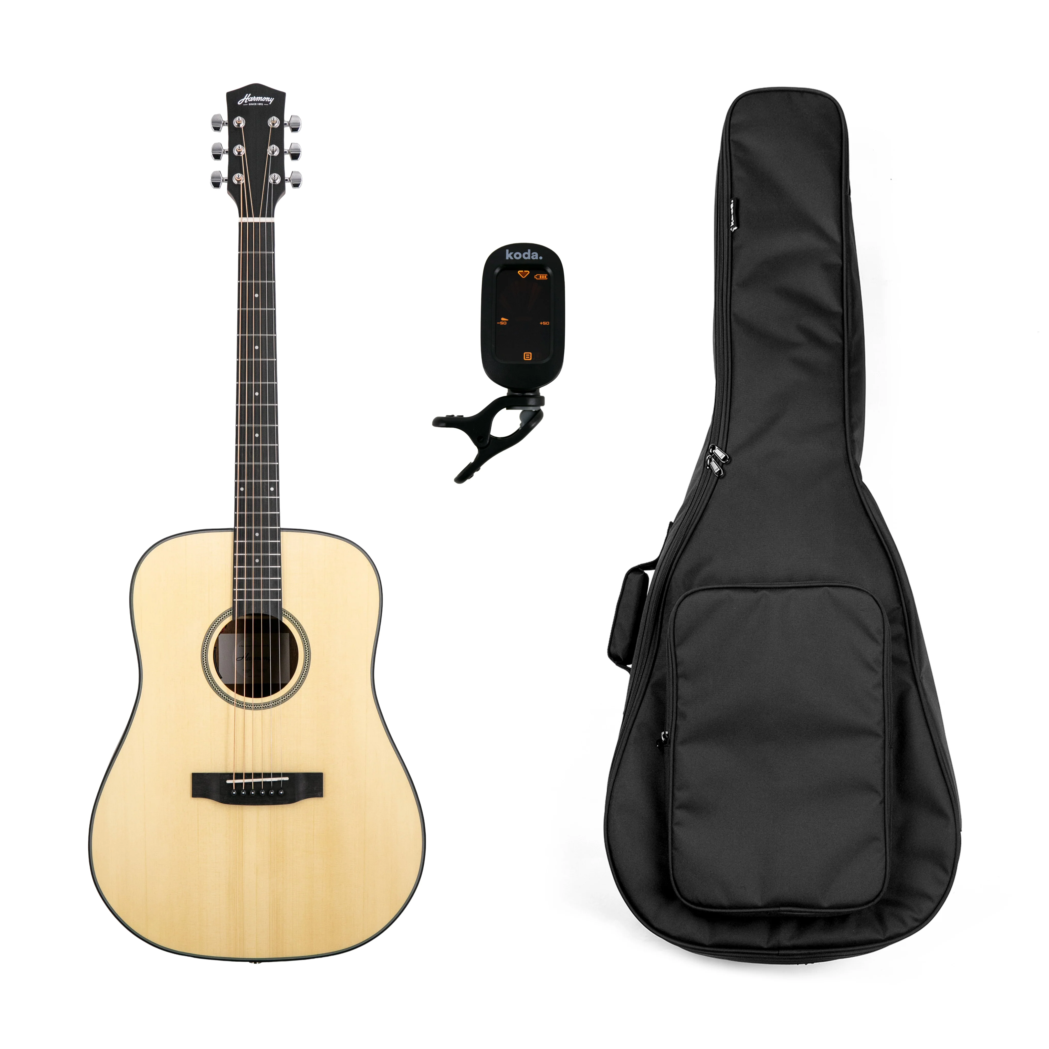 Harmony Foundation Series e-Terra ST Dreadnought Acoustic Guitar, Natural Satin Bundle