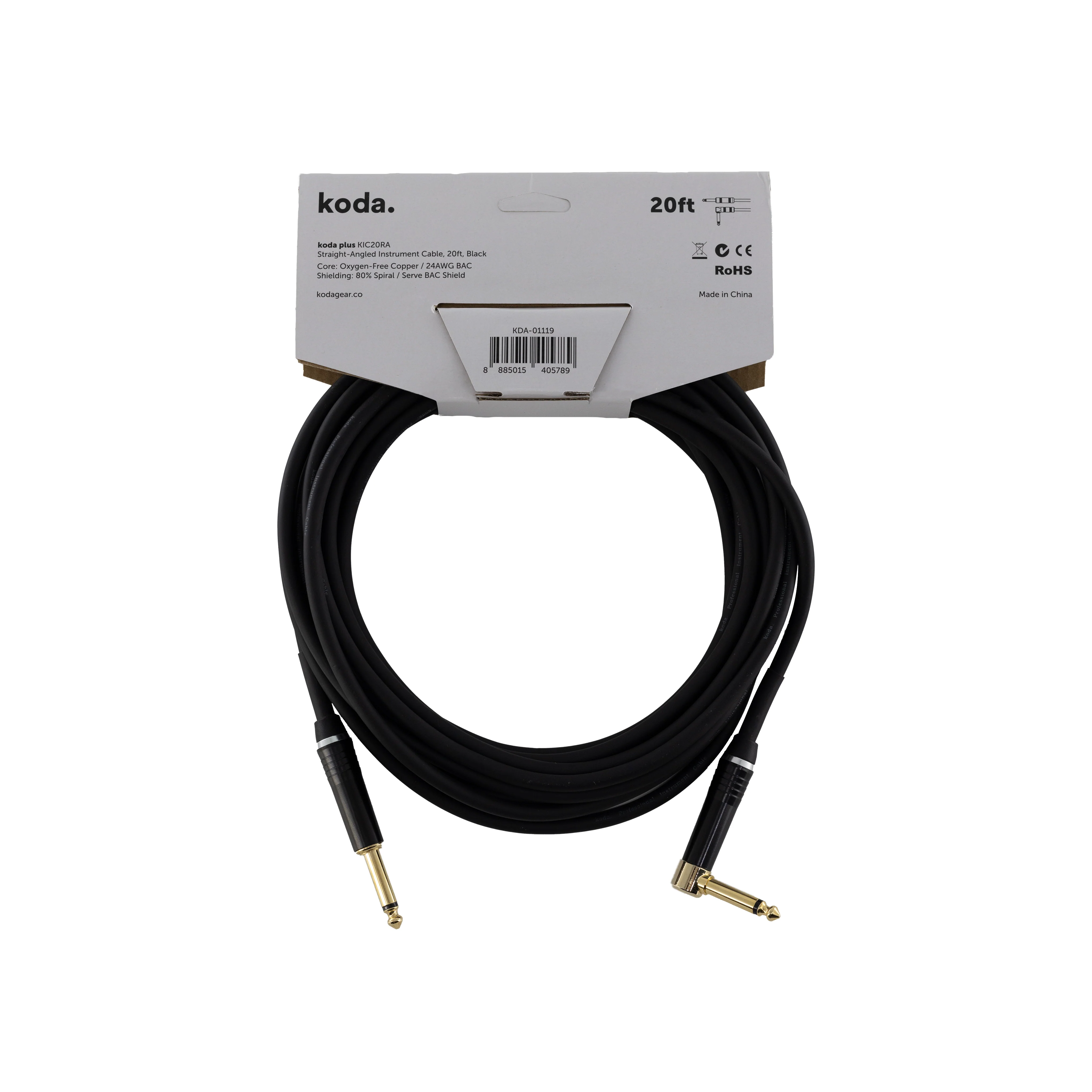 koda plus KIC20RA Straight-Angled Instrument Cable, 20ft, Black - Image 2