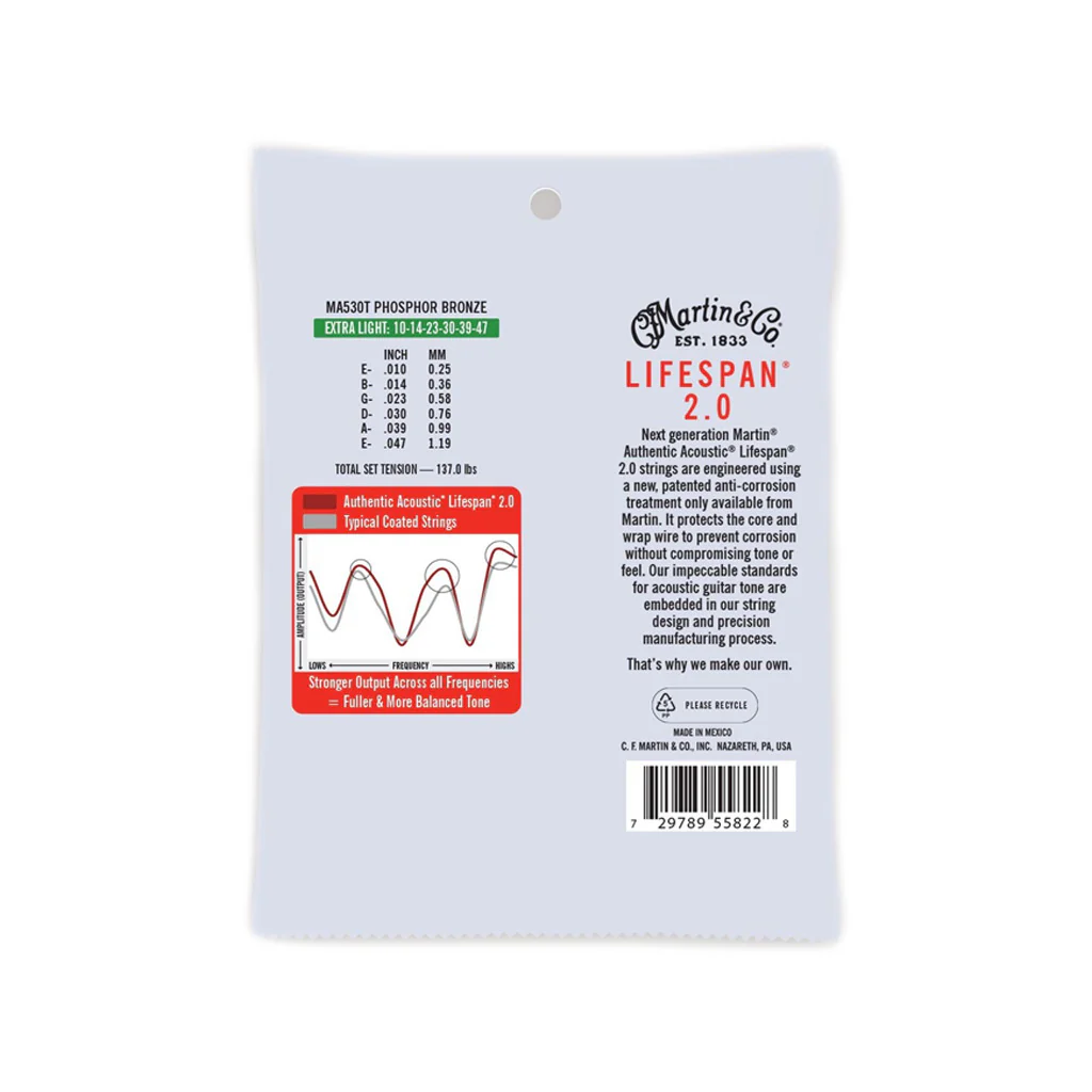 Martin MA530T Authentic Acoustic Lifespan 2.0 Phosphor Bronze Acoustic Guitar Strings, Extra Light, 10-47 - Image 2