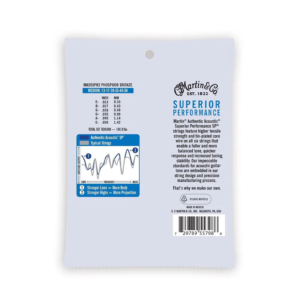 Martin MA550 Authentic Acoustic 92/8 Phosphor Bronze Medium Guitar Strings, 3-Pack - Image 2