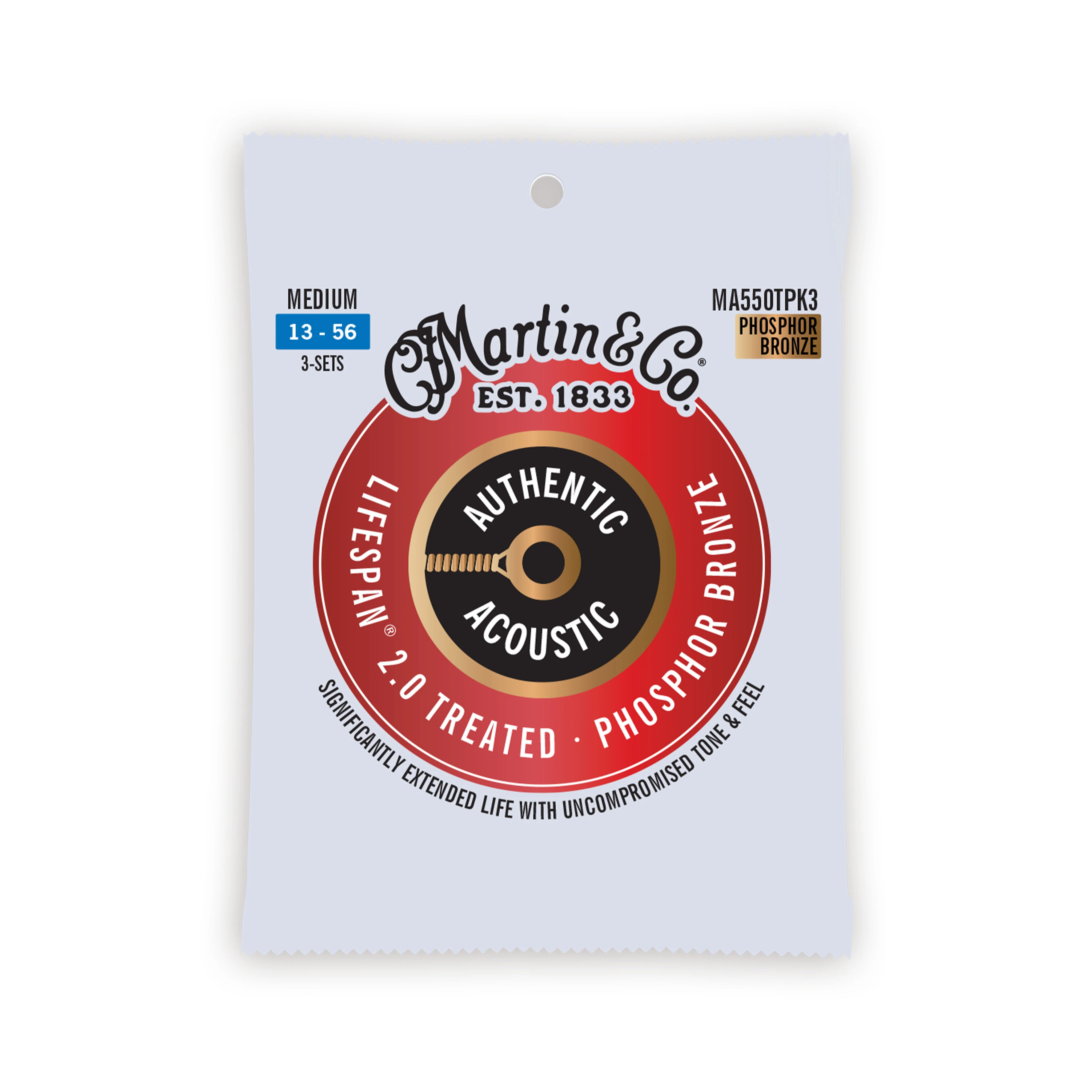 Martin MA550TPK3 Authentic Acoustic Lifespan 2.0 Phosphor Bronze Acoustic Guitar Strings, Medium, 13-56, 3-Pack