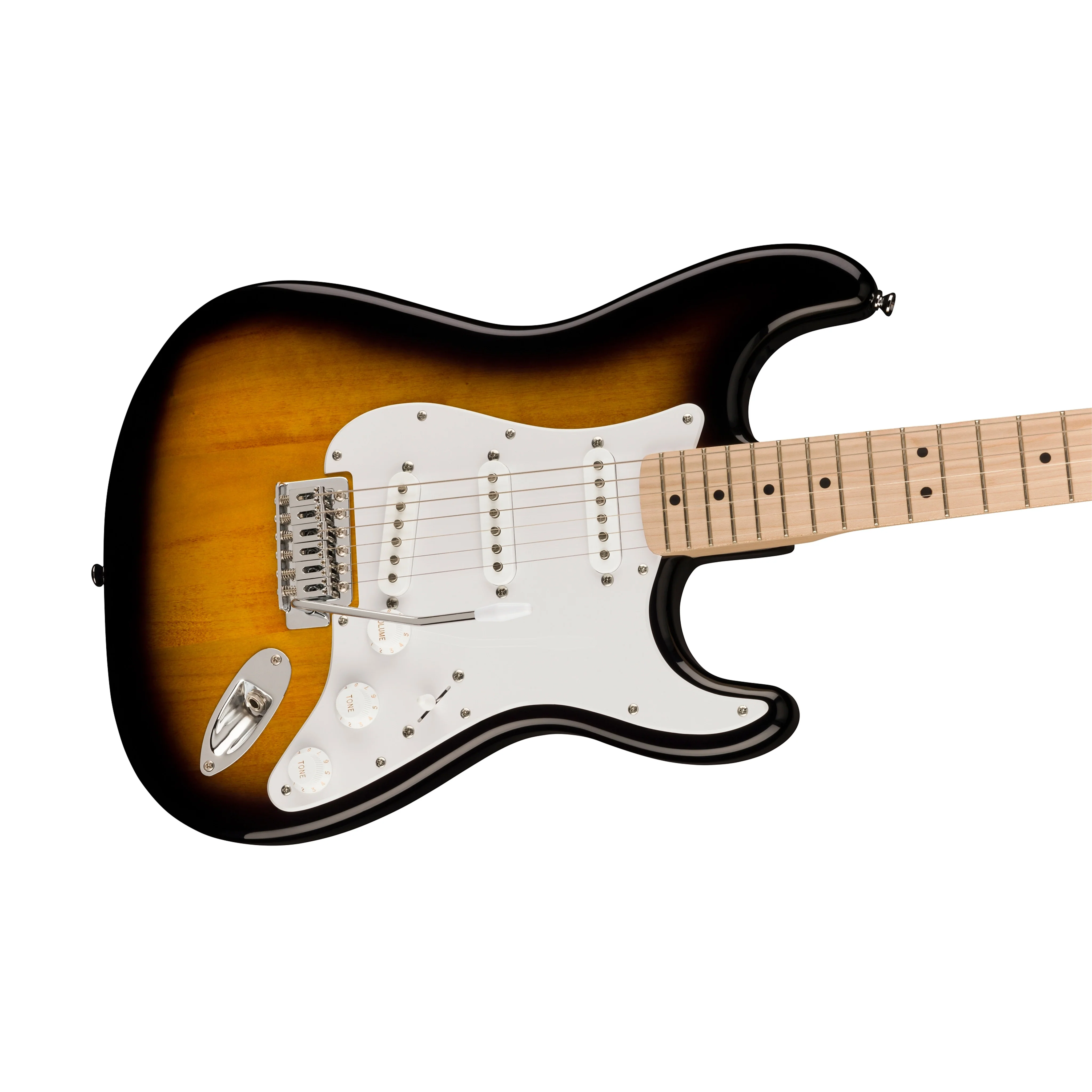 Squier Sonic Stratocaster Electric Guitar w/White Pickguard, Maple FB, 2-Color Sunburst - Image 3