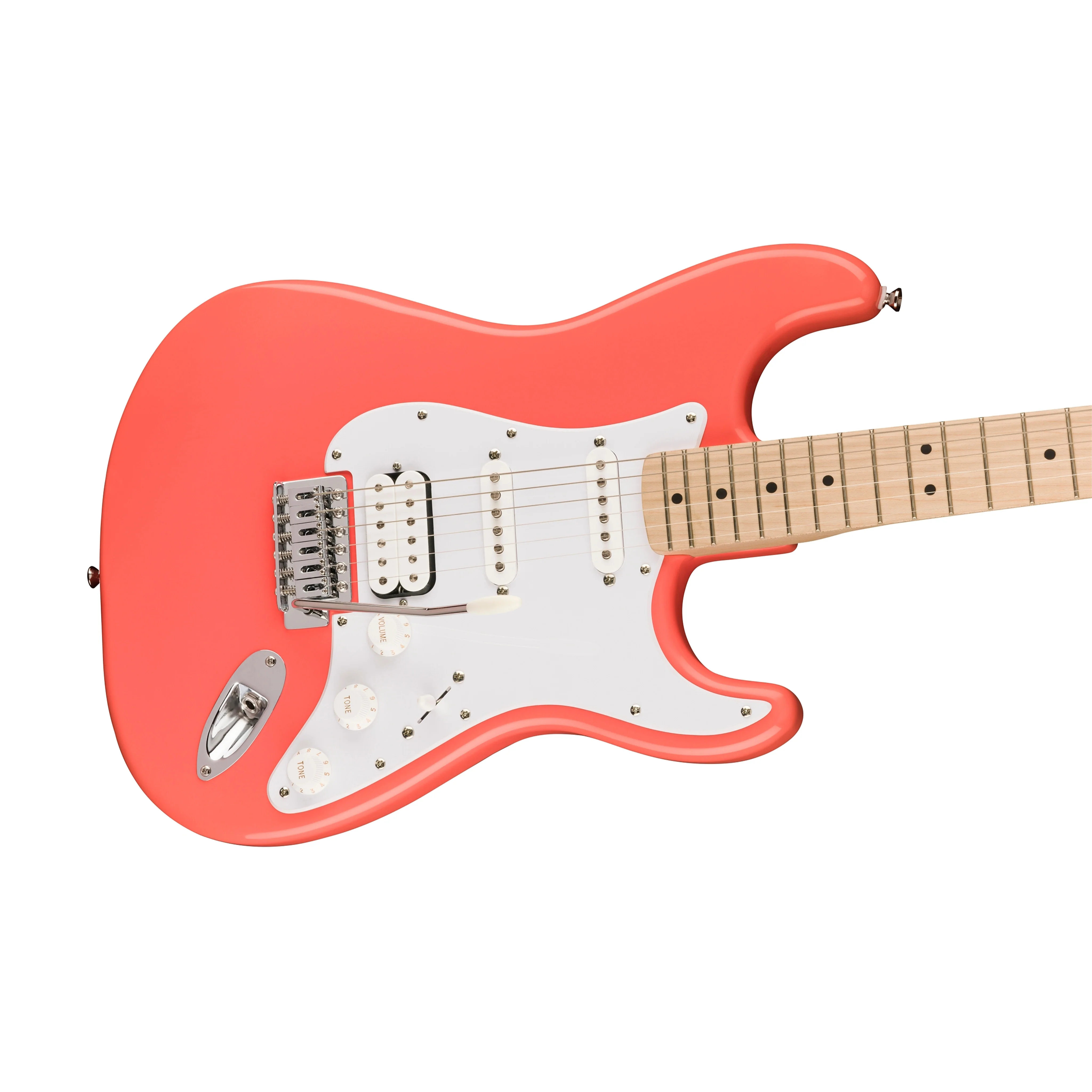 Squier Sonic Stratocaster HSS Electric Guitar w/White Pickguard, Maple FB, Tahitian Coral - Image 3