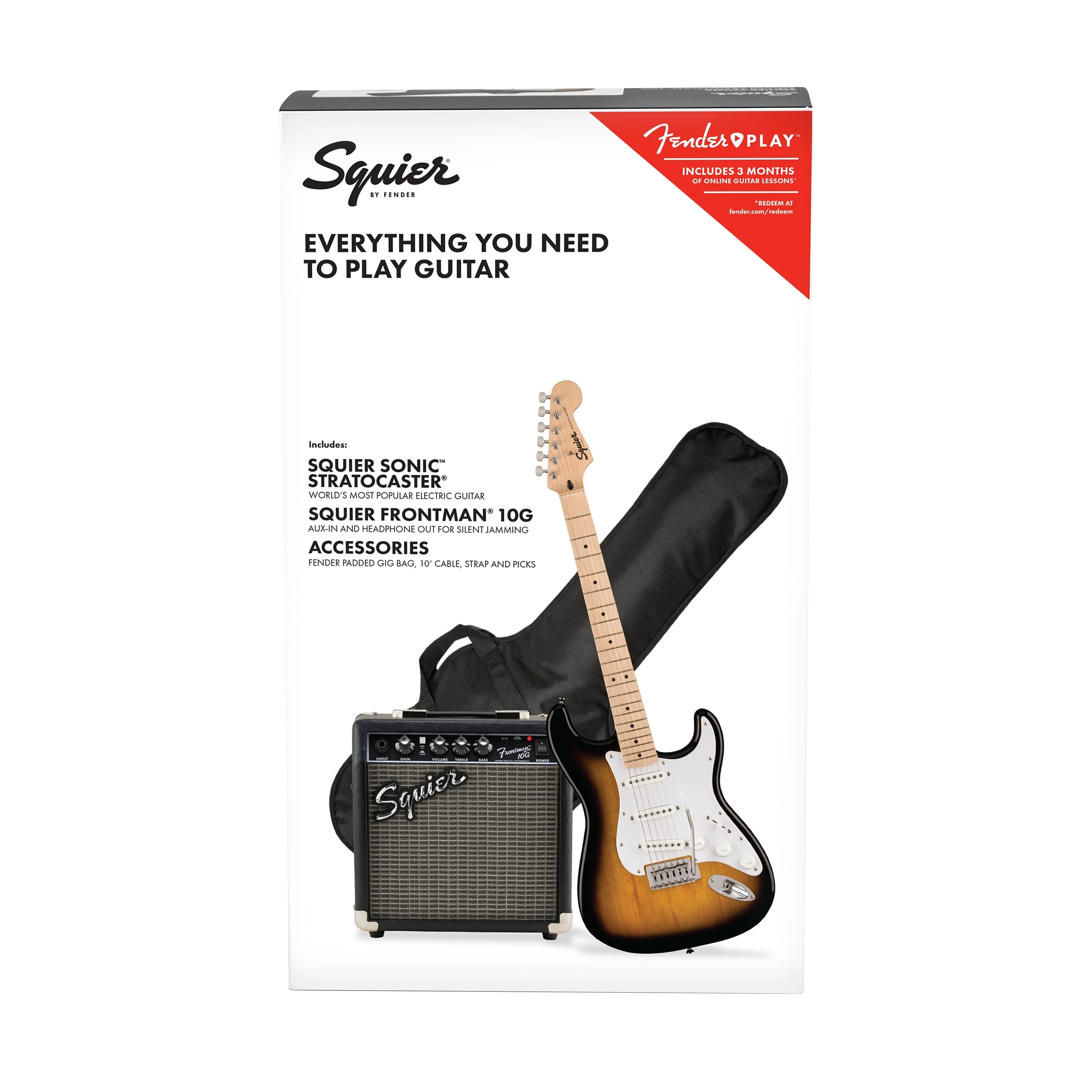 Squier Sonic Stratocaster Pack w/Gig Bag, Maple FB, 10G, 230V UK, 2-Color Sunburst - Image 2