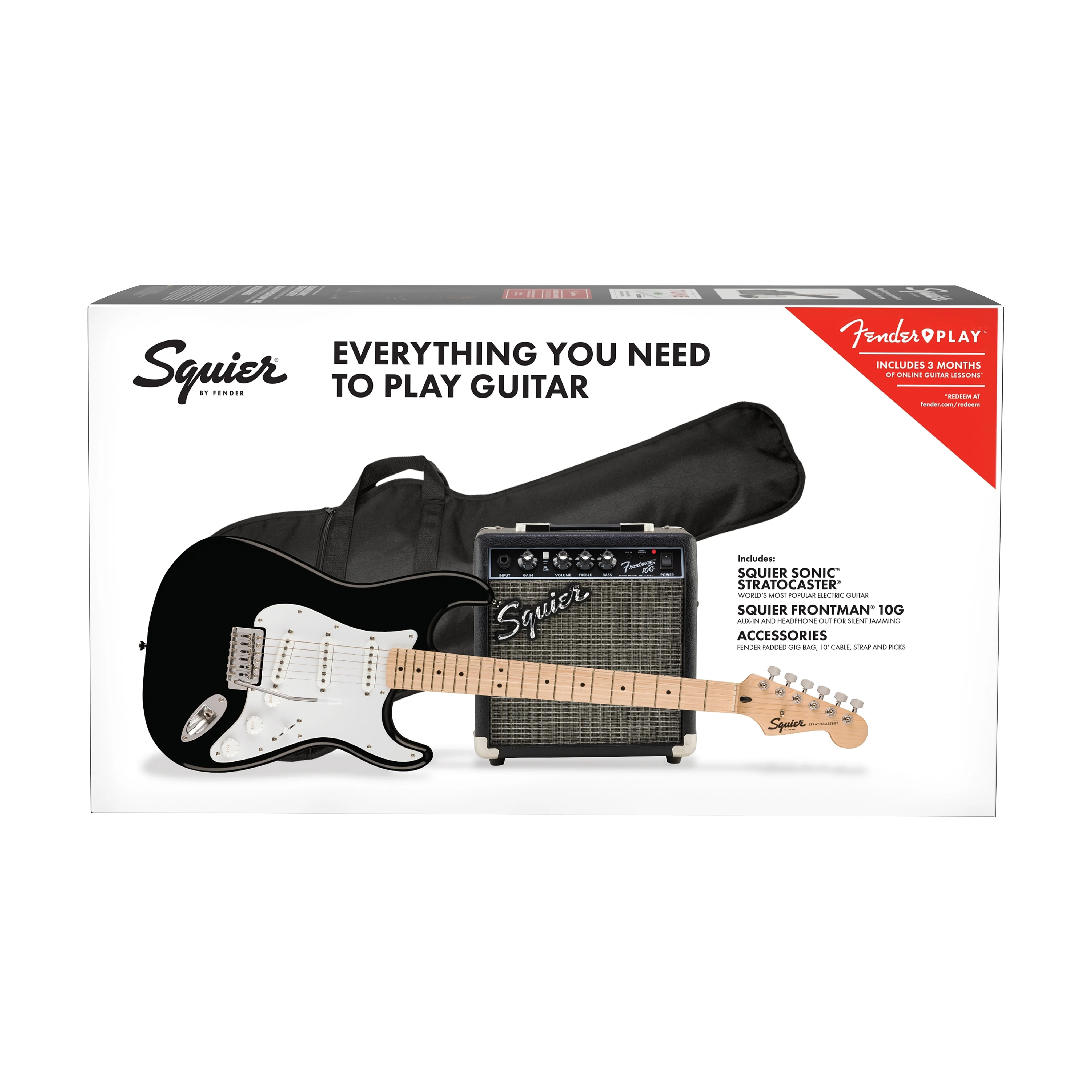 Squier Sonic Stratocaster Pack w/Gig Bag, Maple FB, 10G, 230V UK, Black - Image 3